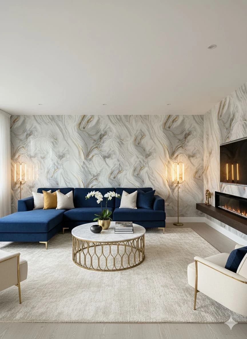 Luxury living room with designer wall lighting, recessed ceiling lights and elegant interiors in Lucknow by Prajapati Electrical