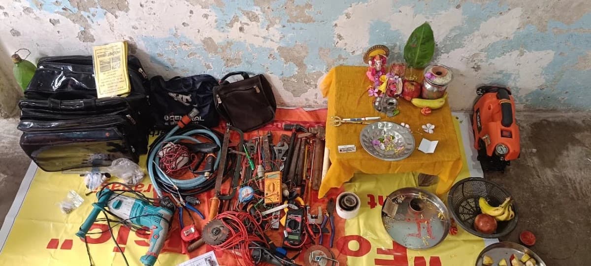 Professional electrical tools, testing equipment and puja before starting new work in Lucknow by Prajapati Electrical