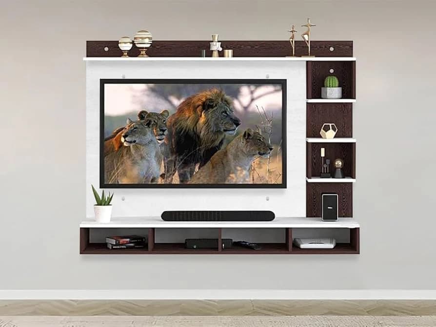 Modern wall-mounted TV entertainment unit with side shelves and soundbar space in Lucknow by Prajapati Electrical