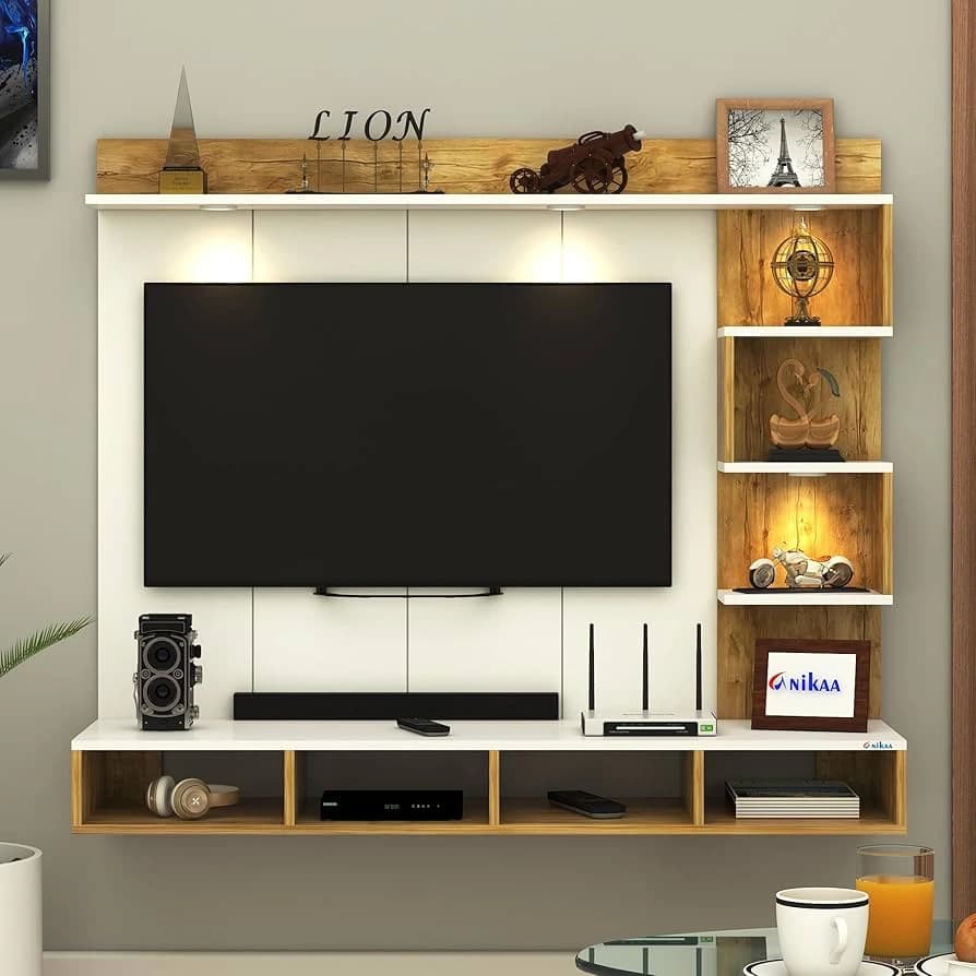Compact TV entertainment unit with LED backlight shelves and soundbar setup in Lucknow by Prajapati Electrical