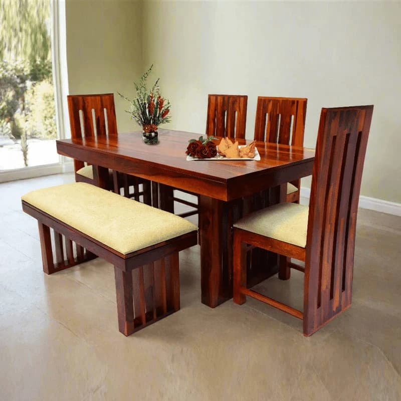 Solid wood 6-seater dining table with chairs and bench for home interior in Lucknow by Prajapati Electrical