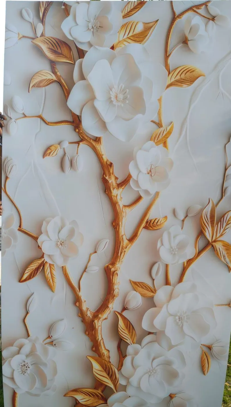 Elegant white and gold 3D floral marble-finish UV PVC panel for living room walls in Lucknow by Prajapati Electrical