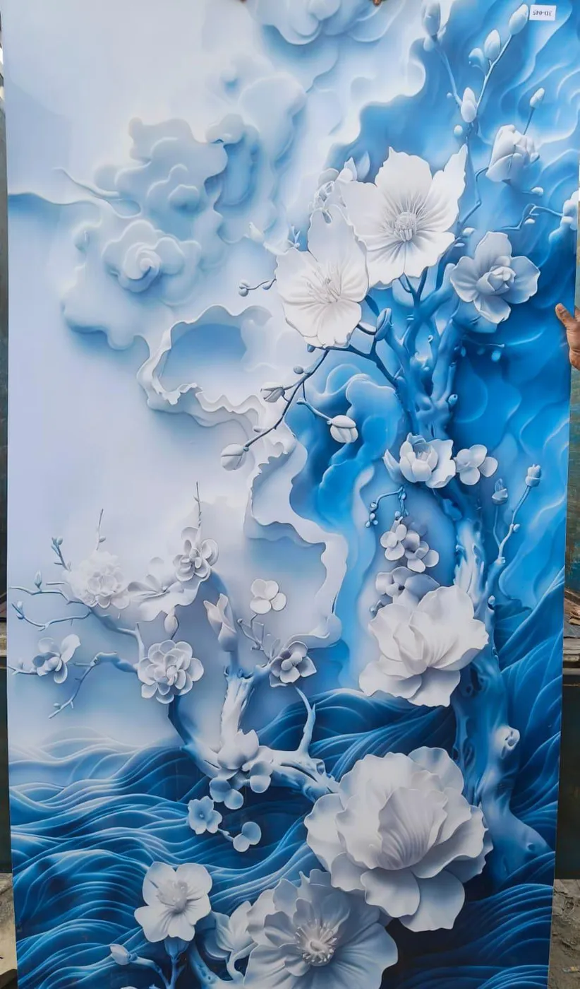 Blue and white 3D floral wave-design PVC wall panel for a premium accent wall in Lucknow by Prajapati Electrical