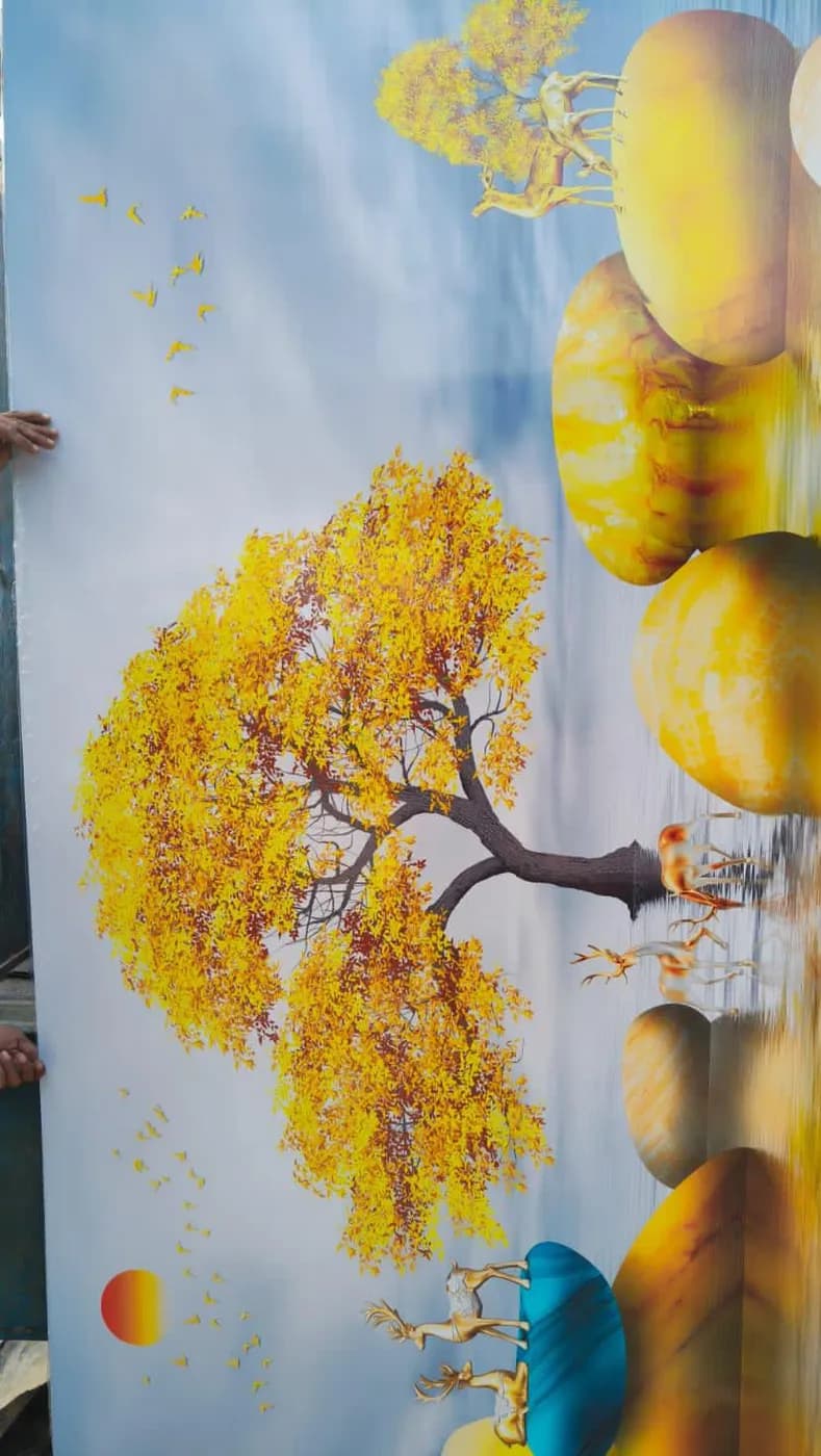 Golden autumn tree and deer scenery UV PVC panel for drawing room feature wall in Lucknow by Prajapati Electrical
