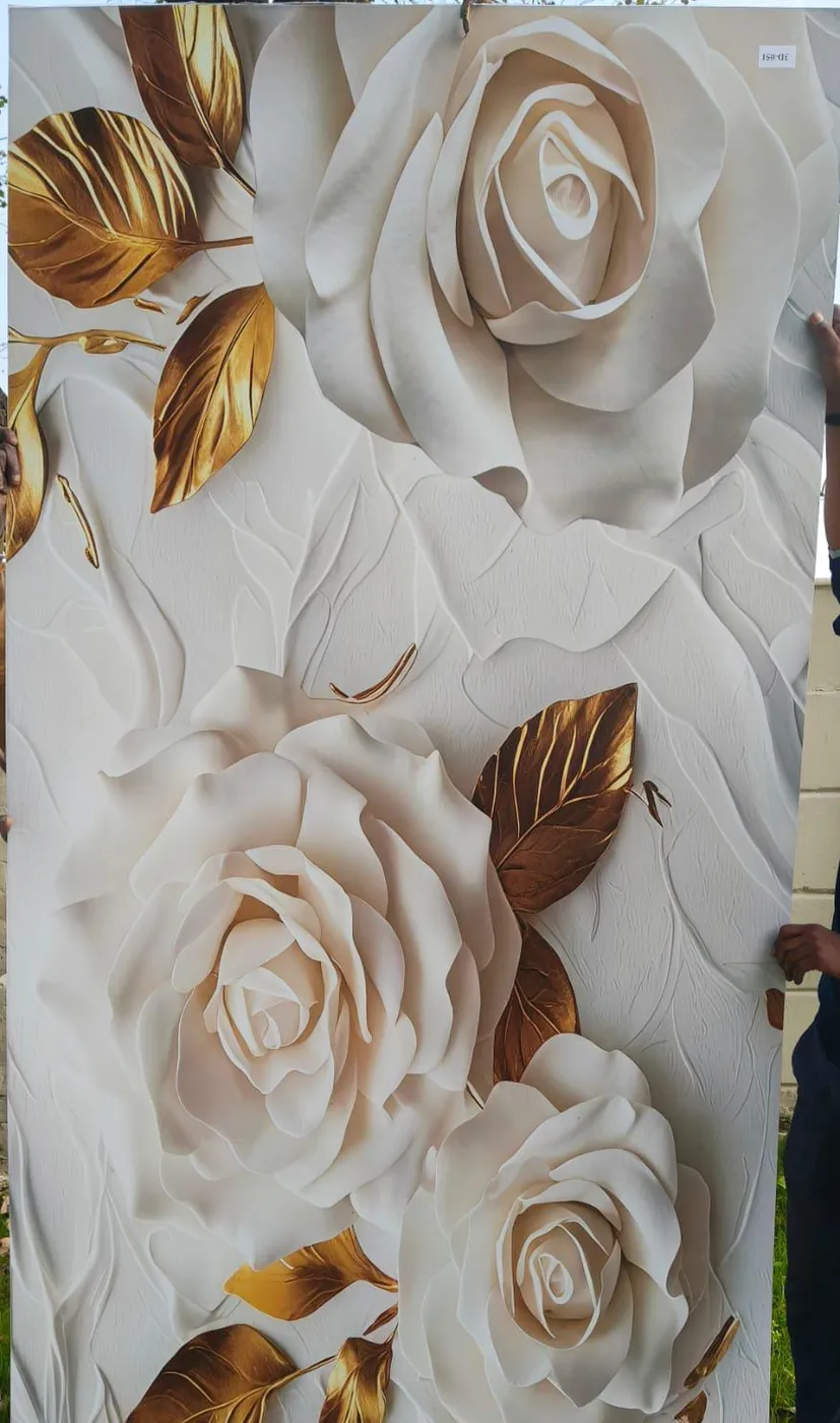 Cream rose with gold leaf 3D embossed decorative wall panel for elegant interiors in Lucknow by Prajapati Electrical