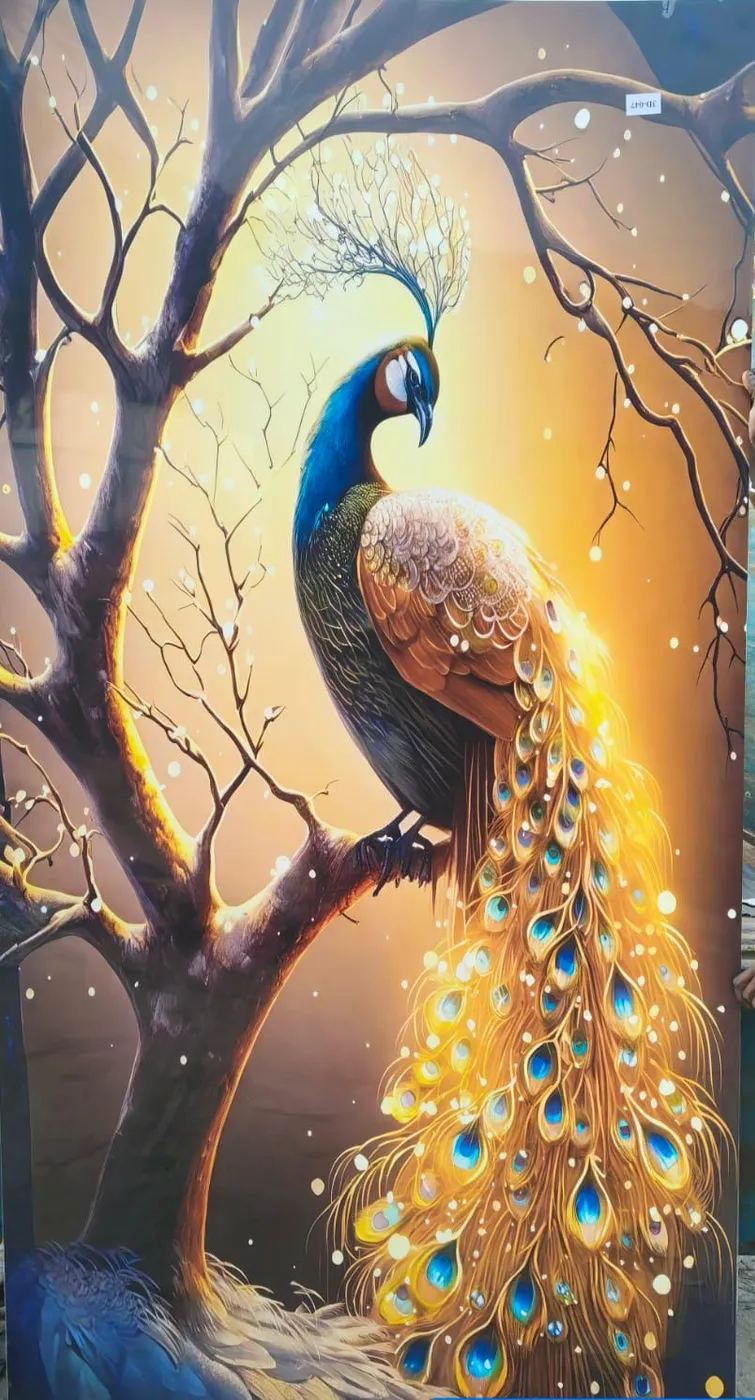 Beautiful golden peacock art designer wall panel for drawing and pooja rooms in Lucknow by Prajapati Electrical